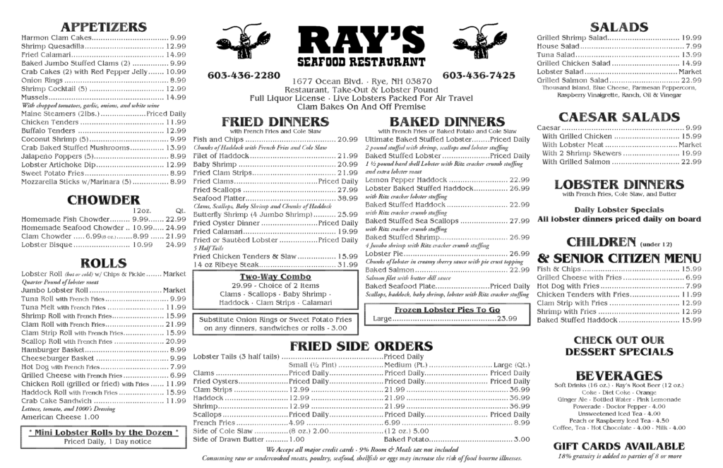 Ray’s Seafood Restaurant Menu Ray's Seafood Restaurant